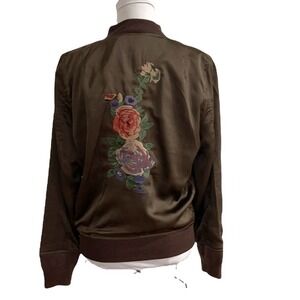 NWOT Olivaceous Floral Embroidered Brown Satin Bomber Jacket SZ L